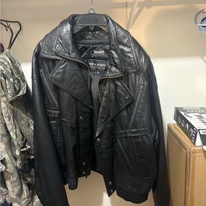 Wilson Black Leather Bomber Jacket with Zip & Snap Details